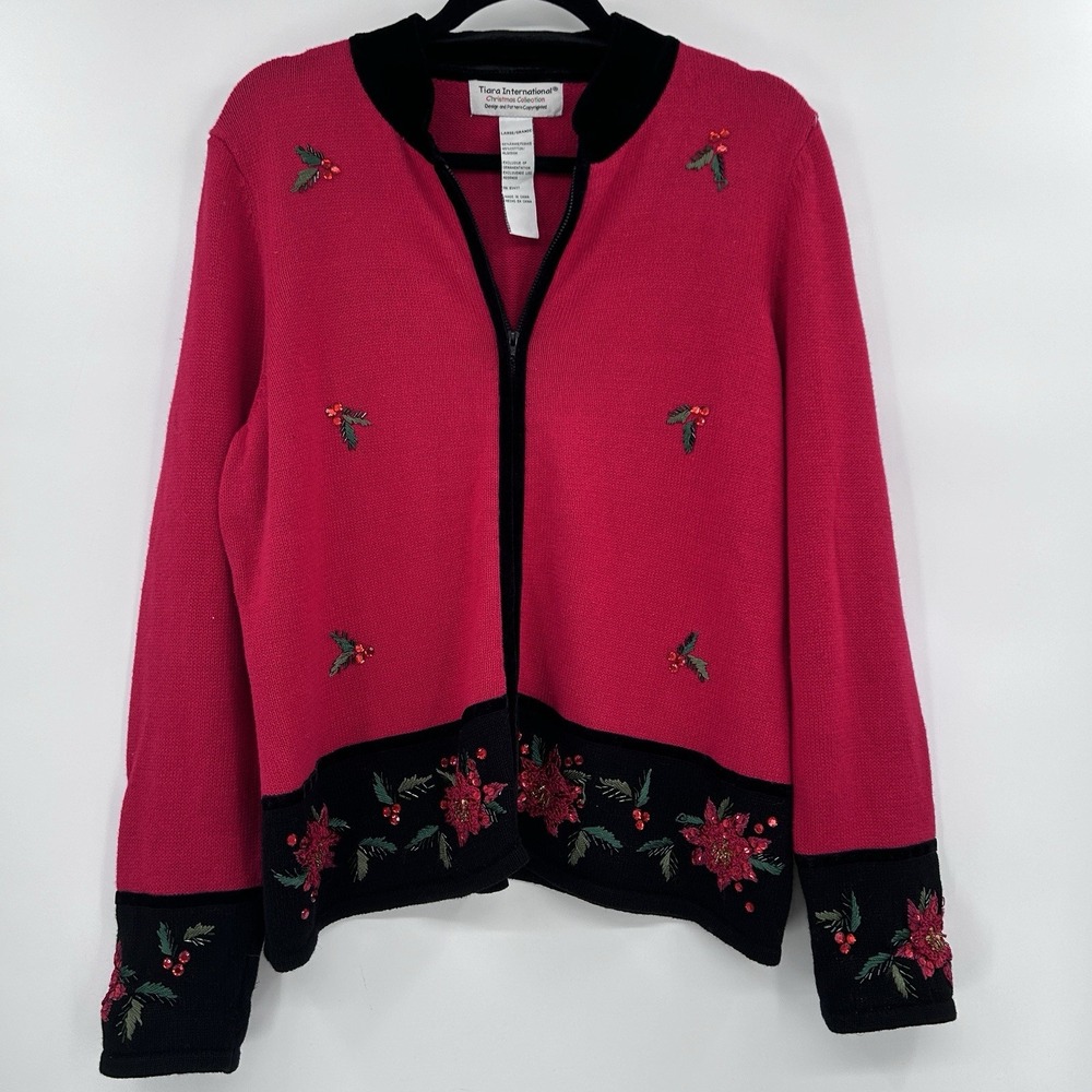 Vintage Tiara International Full Zip Christmas‎ Poinsettia Sweater Size L Red